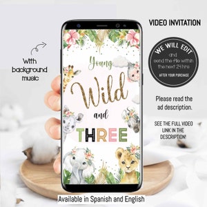 Young Wild And Three video invitation, 3rd birthday invite, wild birthday invitation, safari birthday theme, jungle party theme. SAF03