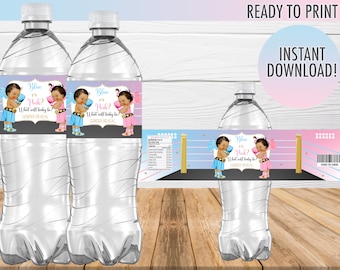 May include: Water bottle labels with a boxing theme for a gender reveal party. The labels feature a blue and pink boxing ring with two cartoon babies wearing boxing gloves. The text on the labels reads "Blue or Pink? What will baby be? Gender Reveal".