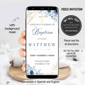 Baptism video invitation, Boy christening invitation, Baptismal invitation, Boy baptism invitation, Christening invite, Baptism party