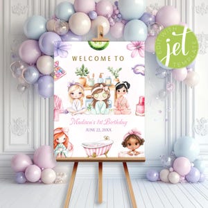 May include: Welcome to Madison's 1st Birthday party sign with a spa theme. The sign features a pink and white bathtub, three girls with spa treatments, and a variety of spa products. The text on the sign reads "Welcome to Madison's 1st Birthday, June 22, 20XX".