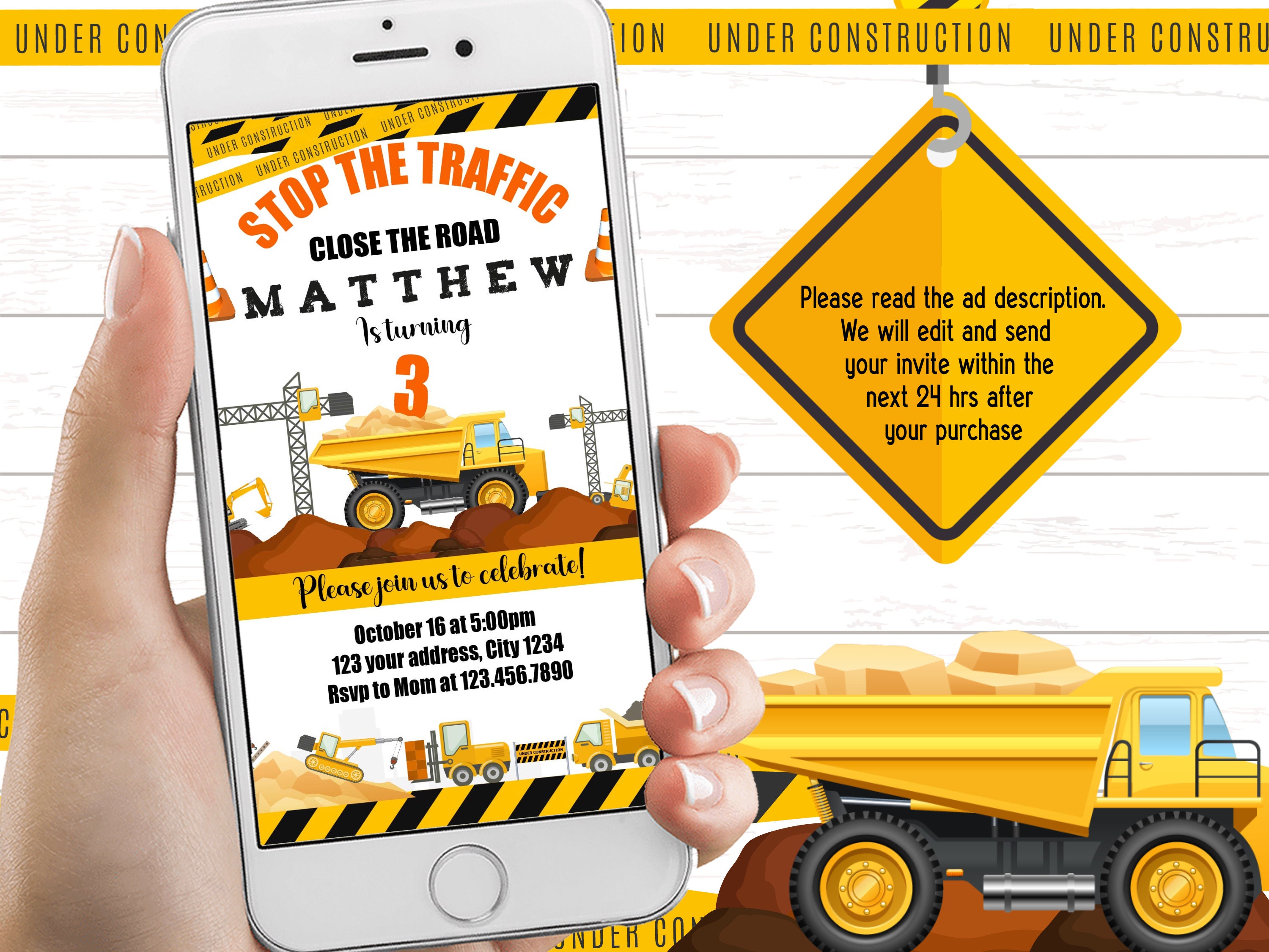 Construction invitation Construction birthday Dump Truck birthday invitation Builder birthday Construction party CONST01