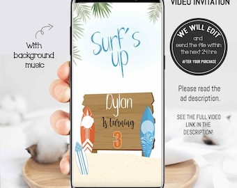 SURF video invitation, Surf up invite, Surf birthday invitation,Surf animated card,Surf theme party,beach party invitation,surfer invitation