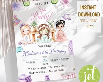 Spa invitation, Spa birthday party, pamper party, glitz and glam party, Spa invite, Spa party, glam party invitation. Instant download. SP1