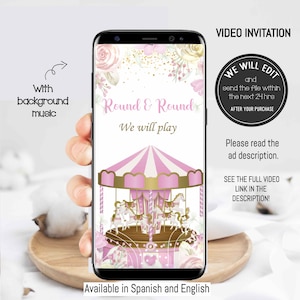 Carousel video Invitation, Carousel Birthday invitation, carousel invite, Pink Gold, carousel party, floral carousel invitation. CAROUSEL01