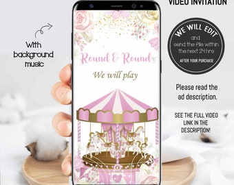 Carousel video Invitation, Carousel Birthday invitation, carousel invite, Pink Gold, carousel party, floral carousel invitation. CAROUSEL01