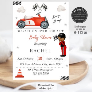 May include: A red and black baby shower invitation with a cartoon race car and a baby dressed in a red racing suit. The invitation says "Race on over for a Baby Shower honoring Rachel" and includes the date, time, and RSVP information.