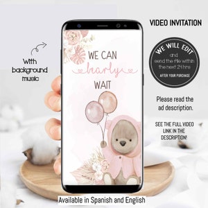 Boho teddy bear baby shower video invitation, bear balloon baby shower invitations, we can bearly wait invitation, boho girl invitation. TB1