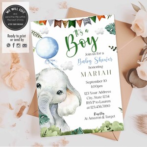 Puede incluir: Una invitación a una fiesta de bienvenida al bebé con una ilustración de acuarela de un elefante sosteniendo un globo azul. La invitación está decorada con hojas verdes y banderas de colores. El texto de la invitación dice "It's a Boy", "Join us for a Baby Shower honoring Mariah", "September 10 1:00pm", "123 Your Address City, State 1234", "RSVP to Lauren at 123.456.7890", y "Registry at Amazon & Target".