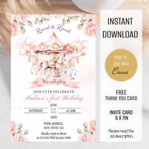 Carousel Invitation, Carousel Birthday invitation, carosel pony invitation, floral carousel invitation, girl birthday, Instant download. CG3