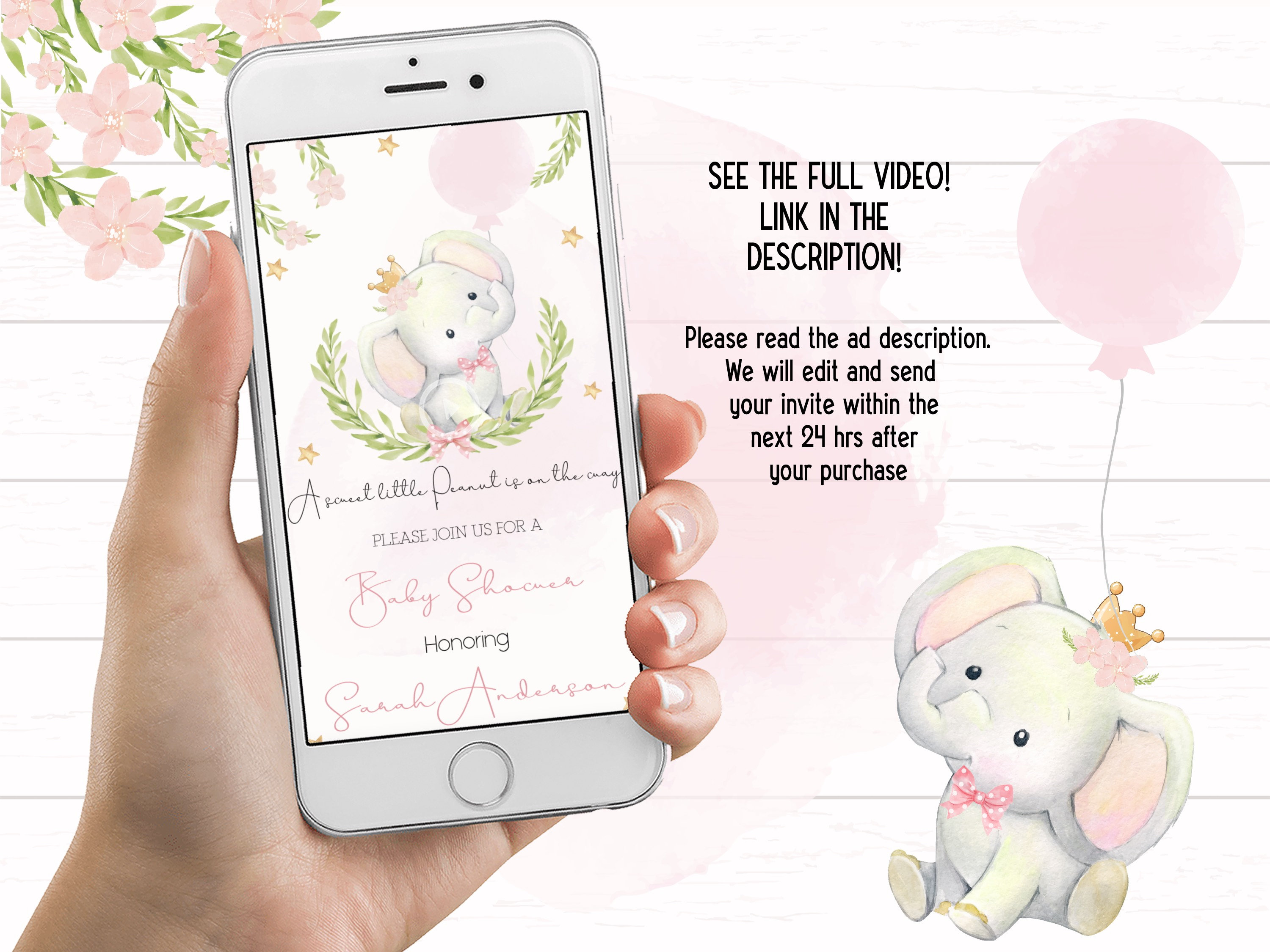 Elephant baby shower video invitation Little peanut baby shower invitation elephant invitation Girl elephant baby shower