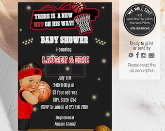 Basketball invitation,A new MVP is on his way, Basketball Baby Shower Invitation, basketball birthday, sports baby shower. BASK01