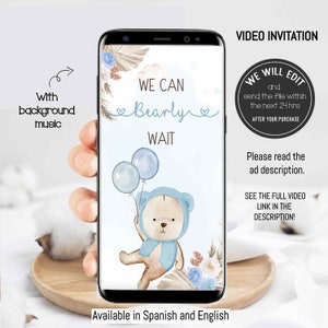 Boho teddy bear baby shower video invitation, bear balloon baby shower invitation, we can bearly wait invitation, bear boy baby shower.