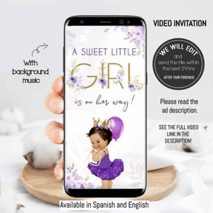Girl baby shower video invitation, Purple floral baby shower invitation, a sweet little girl is on her way, Tutu baby shower invitation. G02