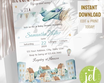 Airplane invitation, Airplane baby shower invitation, Airplane party, Aviation baby shower, Plane invitation.Instant download. AIR01