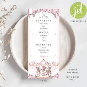 May include: A pink menu card with a carousel illustration at the bottom. The menu includes starters, mains, and desserts. The text "The Menu" is at the top, and the card is 4 x 9 inches.