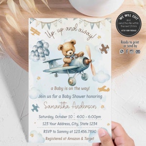 Airplane bear invitation,Airplane bear baby shower, Airplane invitation, Teddy bear baby shower invitation. TB01