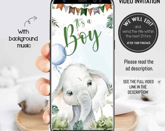 Elephant video invitation, Elephant invitation, Elephant Baby shower, Elephant boy invitation, baby shower invitation,Baby elephant. ELE02
