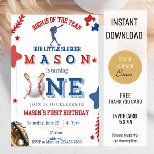 May include: Baseball-themed first birthday party invitation with red, white, and blue colors. The invitation features a baseball, bats, a baseball glove, and stars. The text reads "Rookie of the Year", "Our Little Slugger Mason", "is turning One", "Join us to celebrate! Mason's First Birthday", "Saturday, June 22: 4-7pm", "123 Your Address", "RSVP to Mom at 123.456.7890".