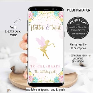 Puede incluir: Un teléfono inteligente muestra una invitación de video con un tema de hadas. El diseño presenta el texto "Flutter & Twirl", una ilustración de hada dorada y detalles florales. La invitación es para una fiesta de cumpleaños.