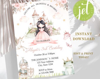 Princess and Knight Birthday Invitation, Royal Party (Instant Download)