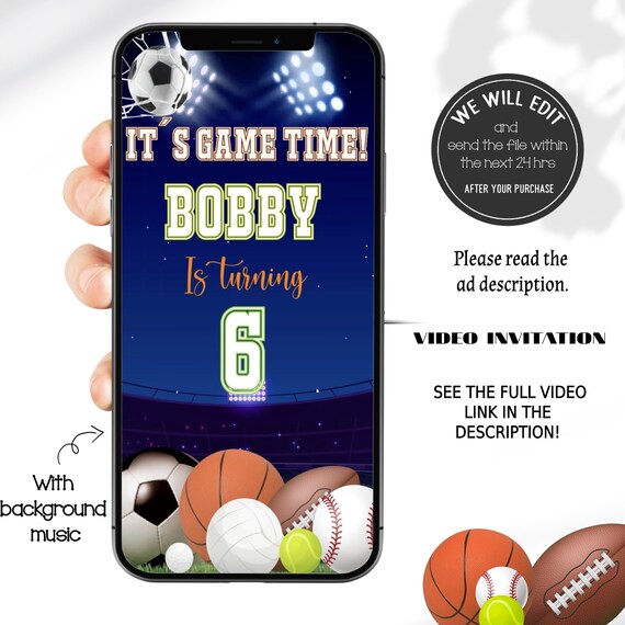Sports birthday video invitation, sports invitation, all star sports birthday invitation, its game time invitation, boy sports birthday