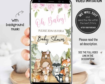 Woodland baby shower girl invitation, video invitation, woodland invitation, forest animals baby shower, woodland girl baby shower. FB03
