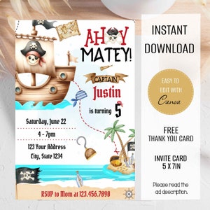 Piraten Einladung, Piraten Geburtstagseinladung, Piraten Geburtstagsparty, Ahoi matey, Piratenparty einladen, Pirateneinladung. Sofort Download.PI01