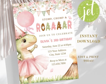 Girl Dinosaur Birthday Invitation, Pink Tutu, Floral (Digital Download)