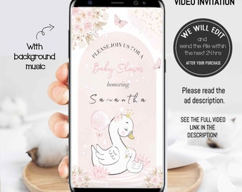 Swan invitation, video invitation, Swan baby shower invitation, Swan birthday party, Swan princess, Baby shower invitation. SW01