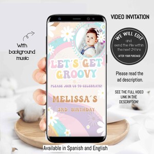 Groovy birthday video invitation, Groovy party invitation, Retro daisy invite, Lets get groovy invitation, Groovy birthday invitation. GRO01