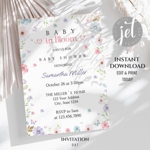 Baby in bloom baby shower invitation, pastel flowers baby shower invitation, Floral Baby in Bloom, floral baby shower, Instant download. BF2