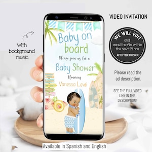 SURF video invitation, Surf baby shower invitation, baby on board invitation, surfboard invitation,baby on board baby shower,surf party.SU01