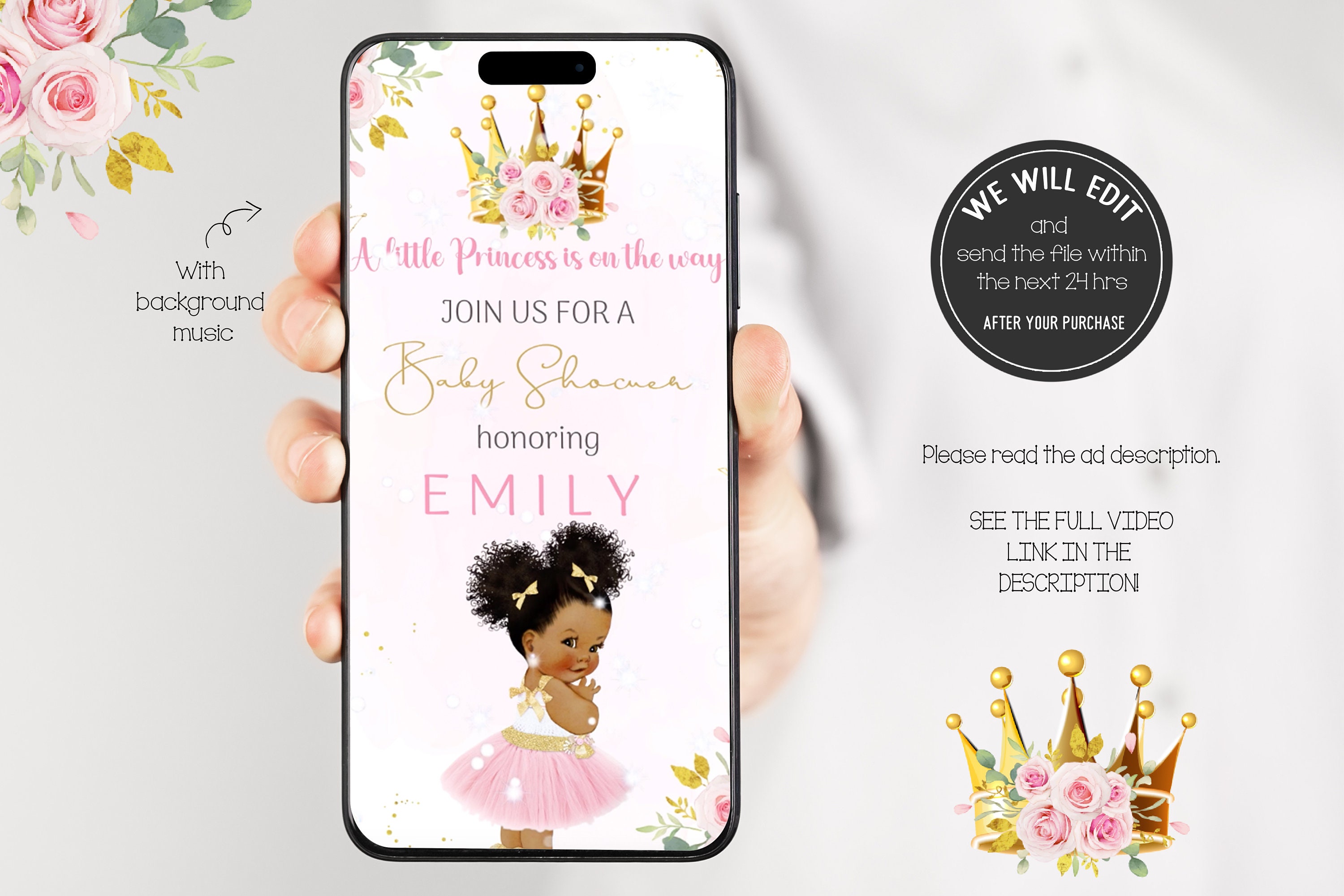 Royal Princess Baby Shower video invitation crown invitation Princess baby shower invitation Royal celebration invitation