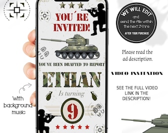 Army invitation, Video invitation, Army party invitation, camo invite, Military birthday invitation, camouflage birthday invitation. A01