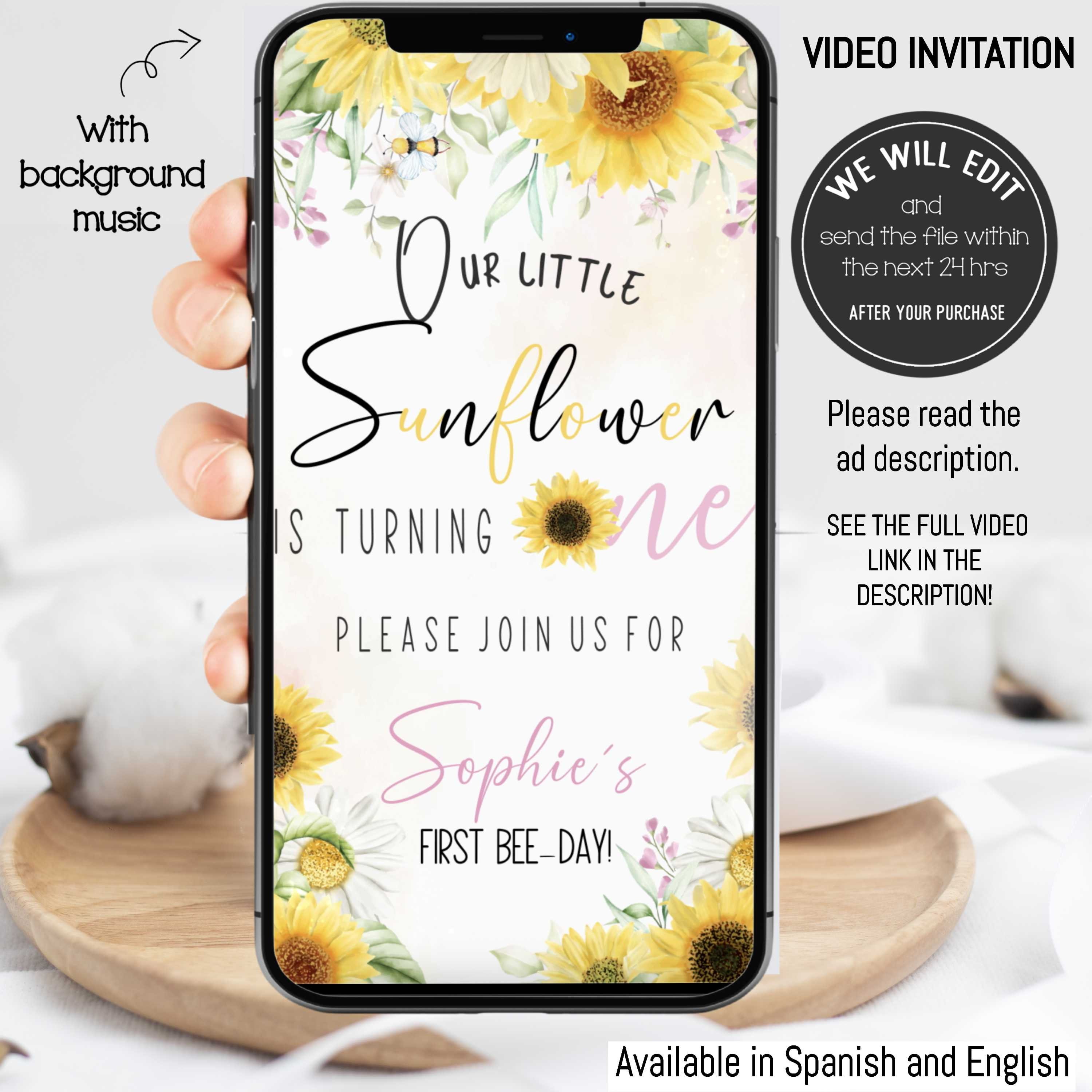 Sunflower birthday invitation video invitation sunflower invite sunflower first birthday bee birthday invitation Any Age SF3