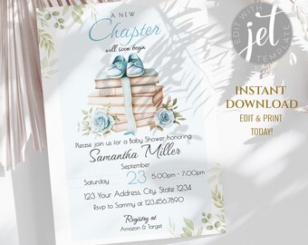 Invitación para baby shower de cuento de hadas, invitación para baby shower de cuento de hadas, pronto comenzará un nuevo capítulo, tema del libro, un nuevo capítulo está por comenzar. SB02