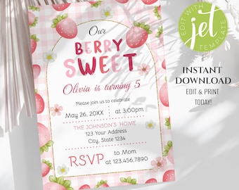 Strawberry invitation,  strawberry shortcake invitation, berry sweet birthday, strawberry birthday, strawberry party, berry invitation. SW1