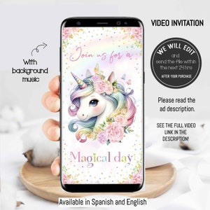 Unicorn Video Invitation, Unicorn birthday invitation, Unicorn party invitation, Unicorn invite, Magical party, girl invitation. UN1