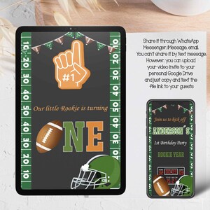 May include: A digital invitation for a first birthday party with a football theme. The invitation features a green and black football field with a football, a football helmet, and the number one. The text on the invitation reads "Our little Rookie is turning ONE" and "Join us to kick off Anderson's 1st Birthday Party Rookie Year".