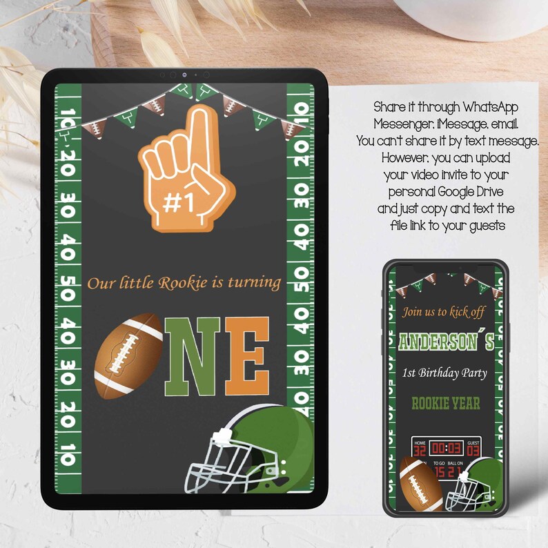 May include: A digital invitation for a first birthday party with a football theme. The invitation features a green and black football field with a football, a football helmet, and the number one. The text on the invitation reads "Our little Rookie is turning ONE" and "Join us to kick off Anderson's 1st Birthday Party Rookie Year".