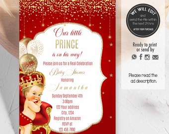 LITTLE PRINCE baby shower invitation,Little prince, baby prince, little prince red and gold baby shower, prince invitation. PRINCE02