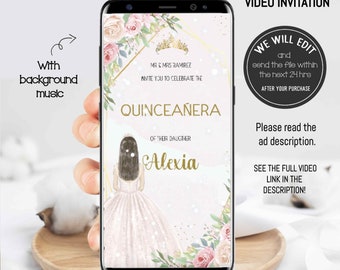 Quinceañera video Invitation, Quinceañera invitation, pink Flowers, Mis Quince Años invitation,15th Birthday, XV años invitation, 15th party