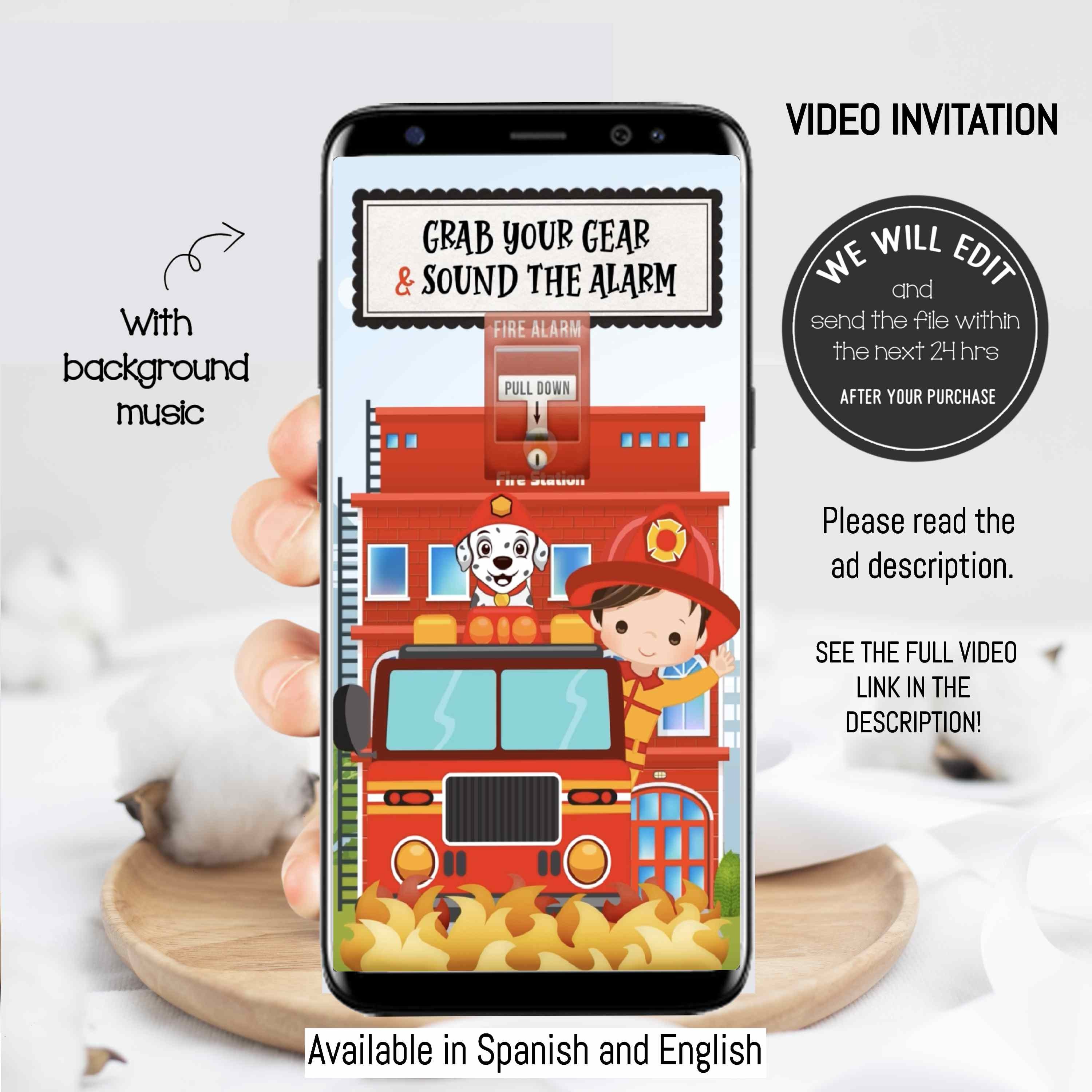 Firefighter video invitation, firetruck birthday invitation, Fireman invitation, Firefighter birthday, Firefighter party, fire truco. BF1