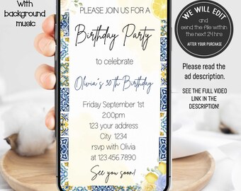 Mediterranean invitation, video invitation, Italian lemon invitation, Italian blue tiles, blue tiles lemon birthday, Citrus birthday party.