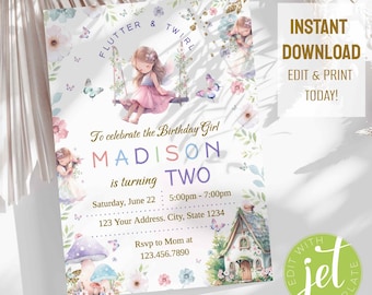 Fairy invitation, Enchanted garden invite, Whimsical invitation, Fairy birthday party invitation, Girl invitation, Instant download. FA2