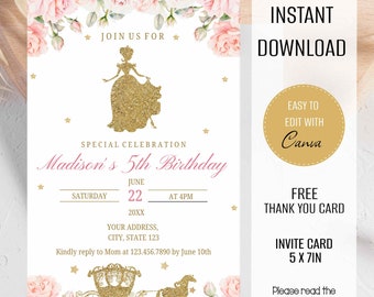 PRINZESSIN Digitale Einladung, Prinzessinnen-Geburtstagseinladung, Blush Pink und Gold Prinzessin, Prinzessin digitale Einladung. Bearbeiten Sie sich.  P01