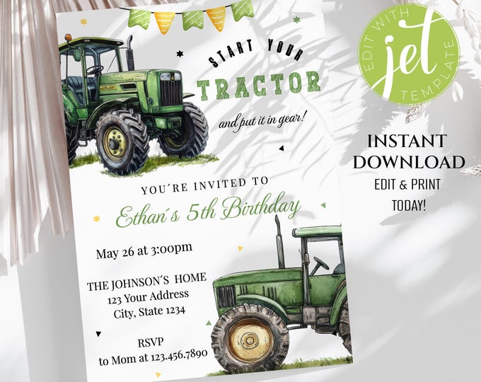 Tractor Birthday Invitation, Green Farm Party (digital Download) - Etsy ...