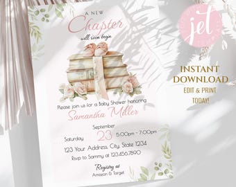 Invitación para baby shower de cuento de hadas, invitación para baby shower de cuento de hadas, pronto comenzará un nuevo capítulo, tema del libro, un nuevo capítulo está por comenzar. SB01