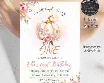 Pumpkin invitation, Pumpkin birthday invitation, Pumpkin party, Pumpkin baby shower invite, Autumn invitation, girl pumpkin invitation. PUM1