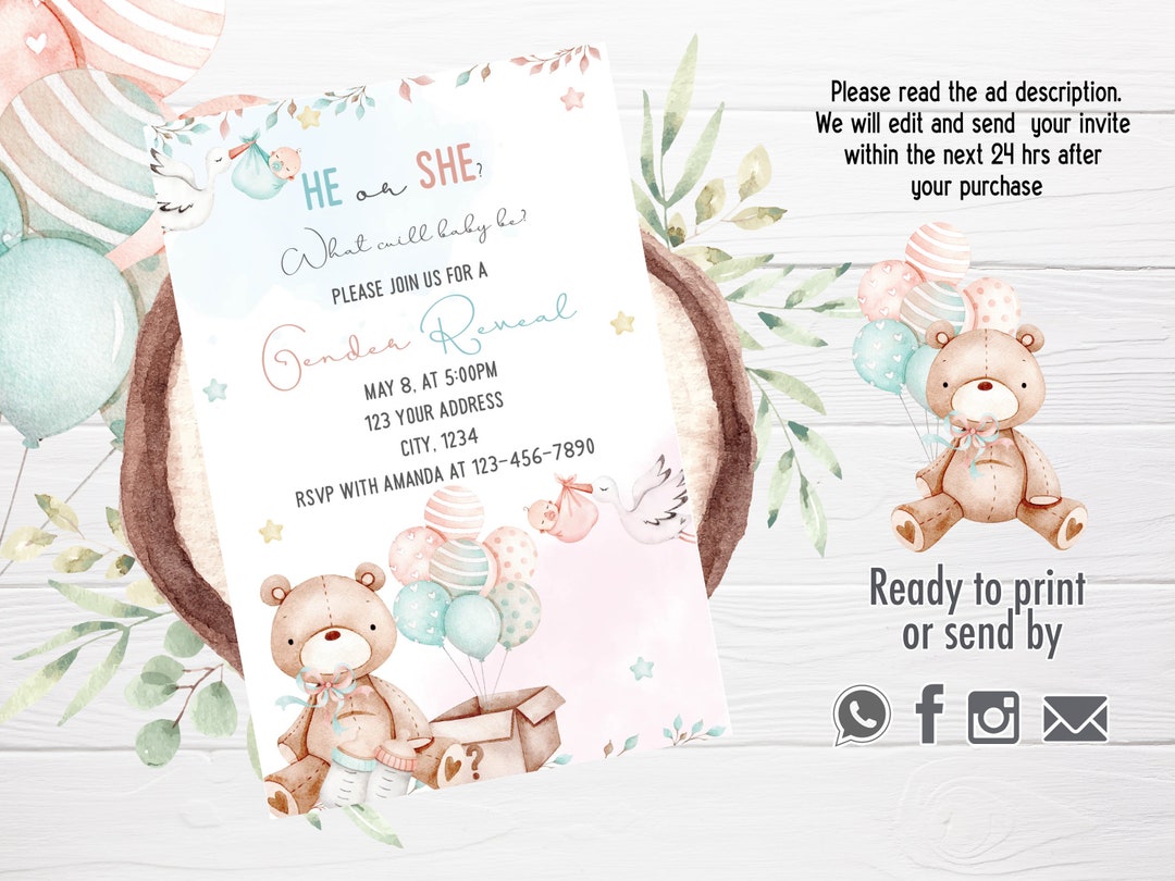 Teddy Bear Gender Reveal Invitation Teddy Bear Invitation Etsy